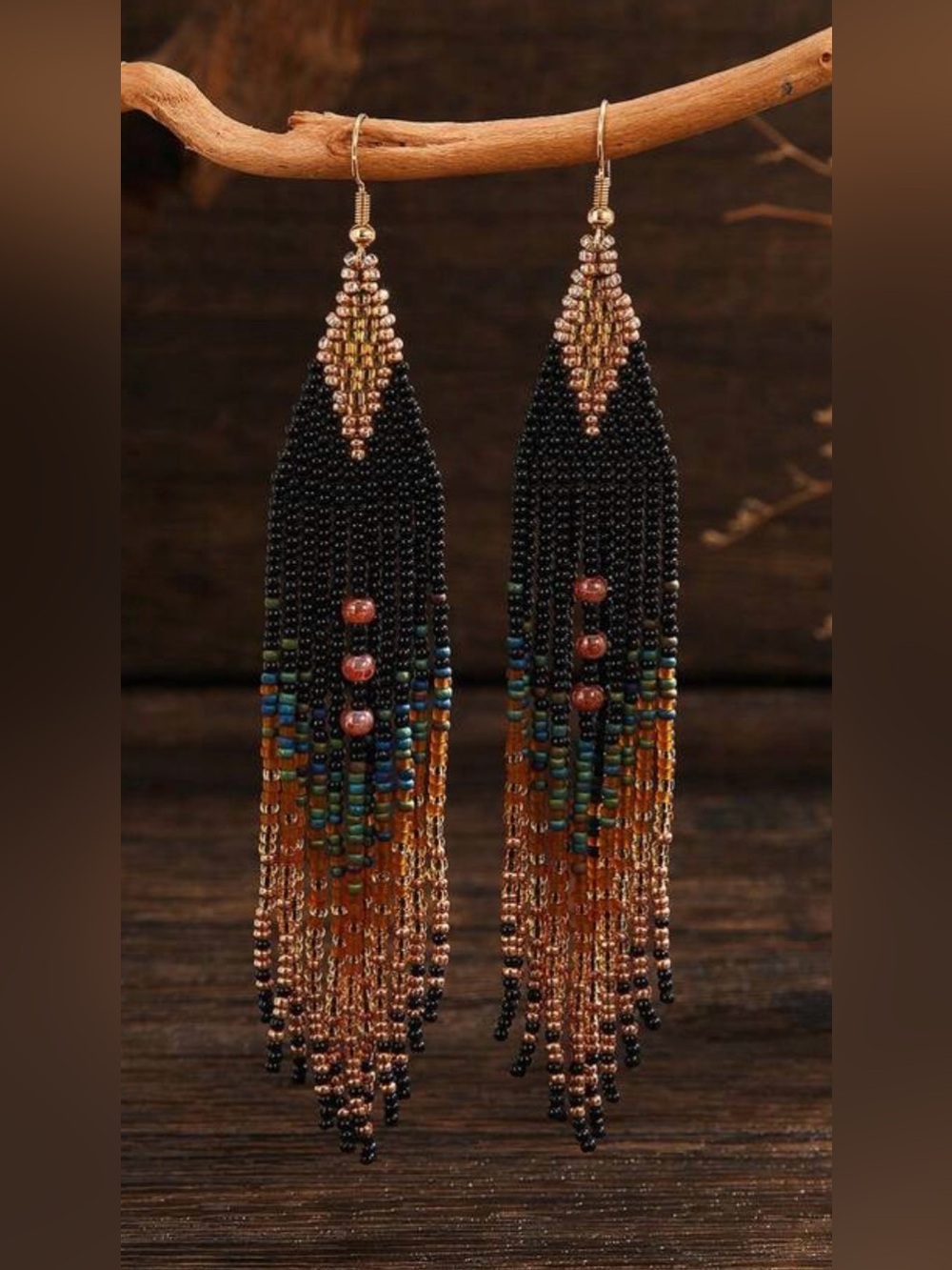 Long Beaded Tassel Seed Bead Earrings